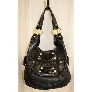 B Makowsky Black Leather Hobo Shoulder Bag Gold Hardware